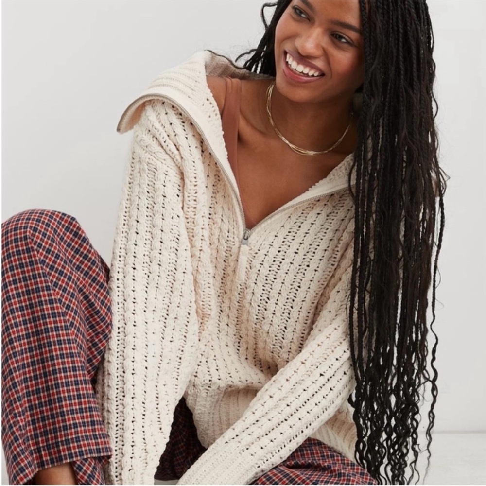 Aerie Chunky Chenille Cable Knit Quarter Zip Sweater Cream XS